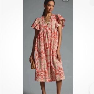 Anthropologie Flutter-sleeve Midi Dress 100% cotton with side pockets